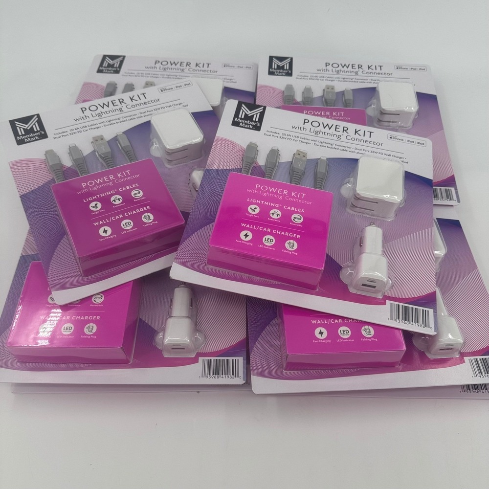 Lot 10 - Member's Mark Power Kit 32W Wall Car Charger 2 6ft Braided Apple Cables